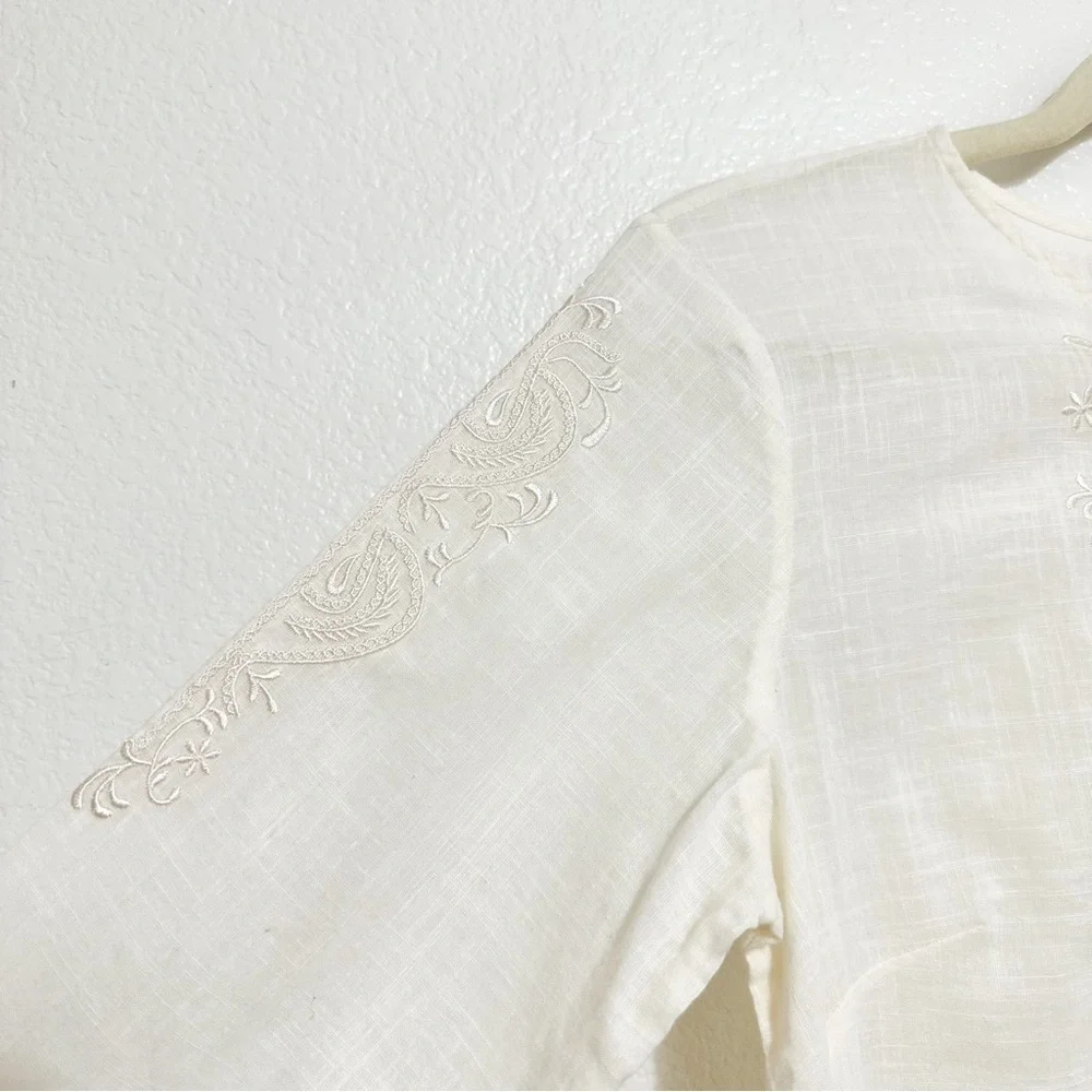 J. Crew White Cotton Linen Blend Embroidered Tunic Top Size XS
